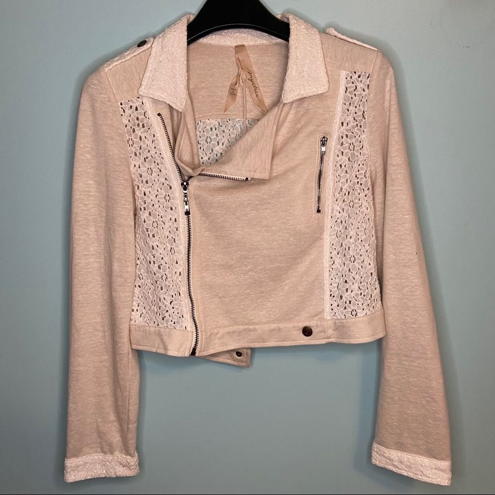 Mystree Beige and Cream Lace Moto Crop Jacket M